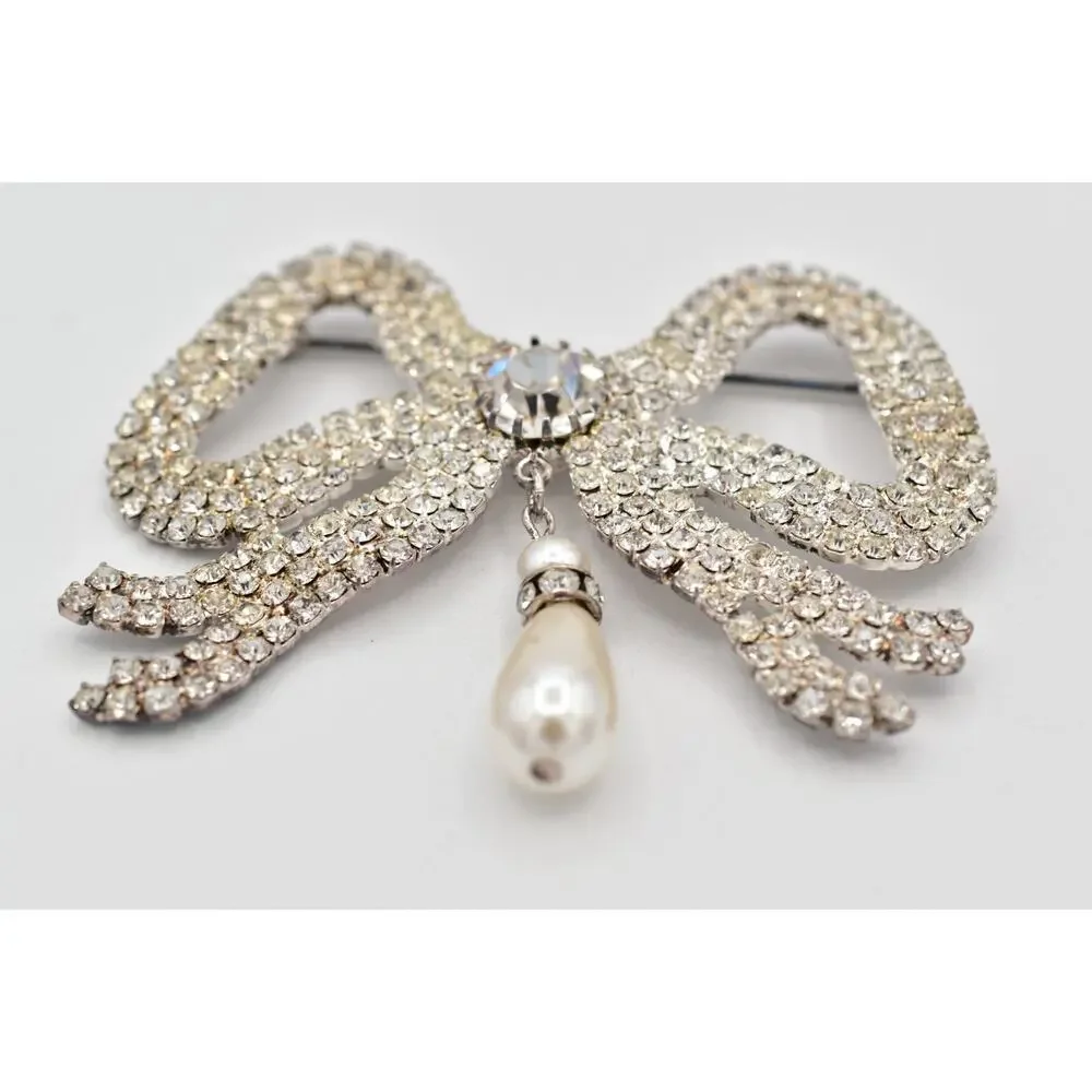 Vintage Crystal Bow Pin Brooch Pearl Dangle Prong Rhinestone Silver 1960s BinBI